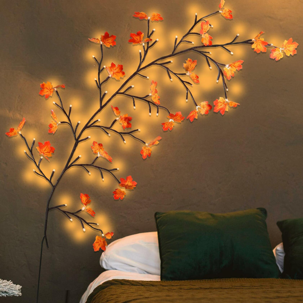 PAJH Fall Thanksgiving Garland 5.25ft 72 LED 8 Modes Orange Leaf Lights
