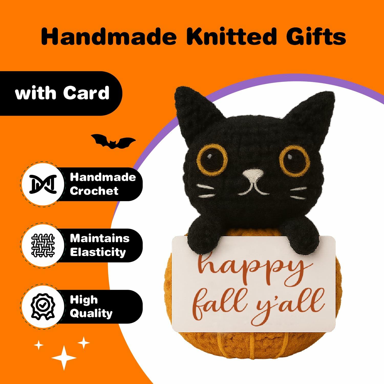 Skyists Crochet Black Cat Plush with Happy Fall Y'All Sign 3.74in Orange Black