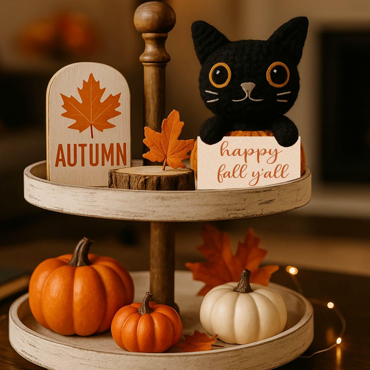 Skyists Crochet Black Cat Plush with Happy Fall Y'All Sign 3.74in Orange Black