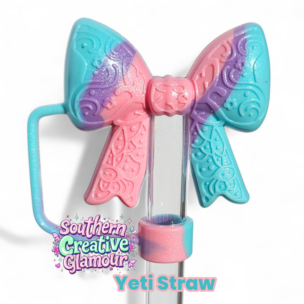 Paisley Princess Bow BOW Silicone Straw Topper | Blue Swirl Shimmer