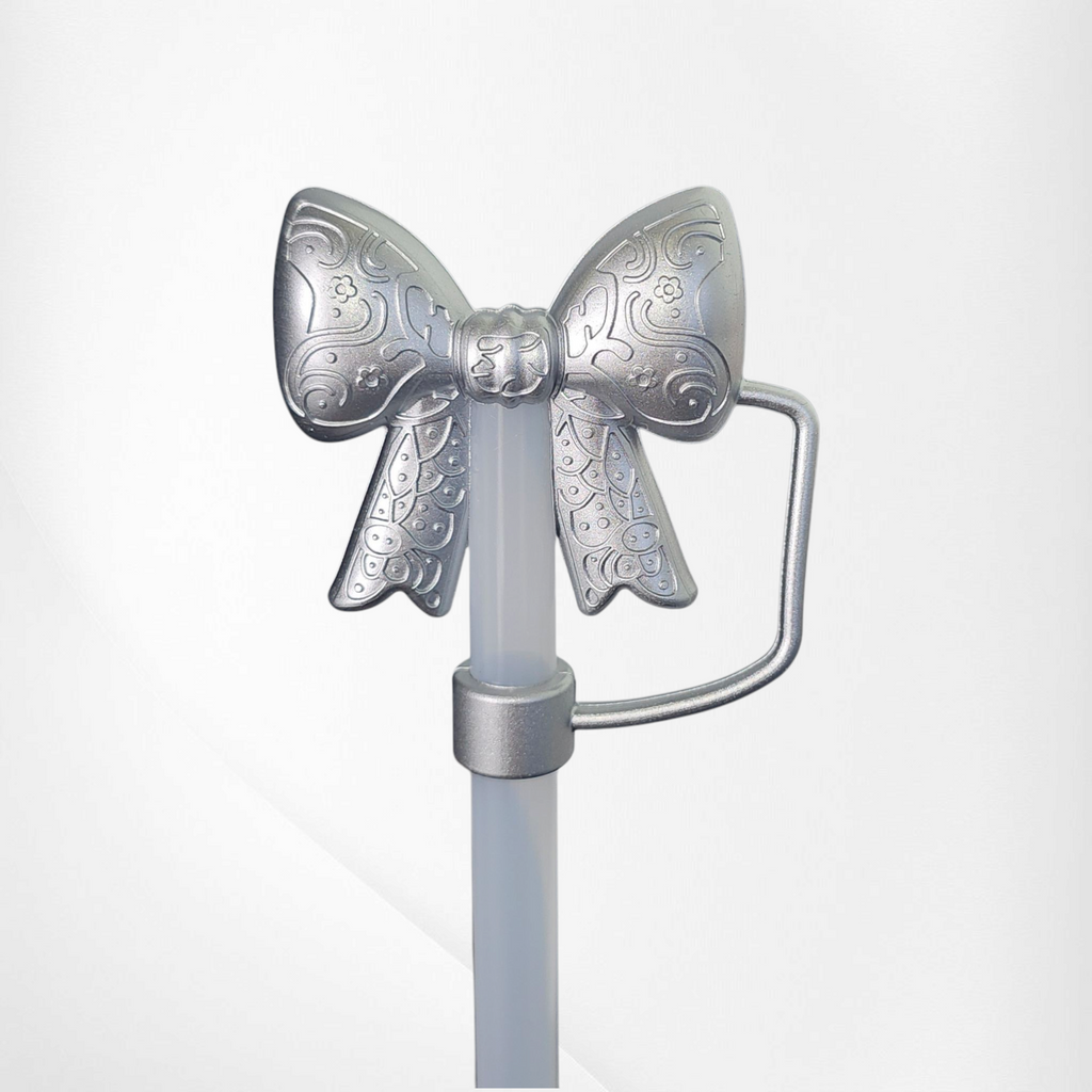Paisley Princess 3D Bow Silicone 10mm Straw Topper | Silver Shimmer