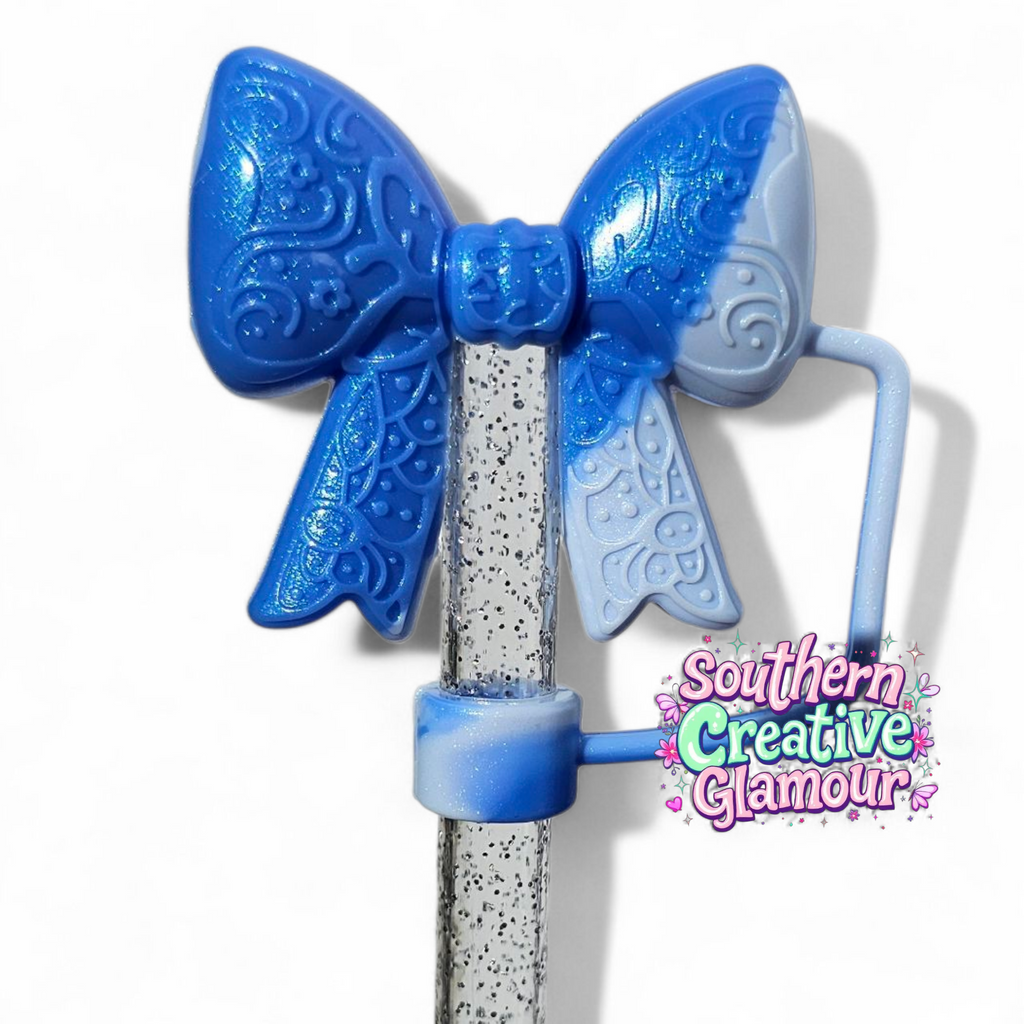 Paisley Princess Bow BOW Silicone Straw Topper | Blue Swirl Shimmer