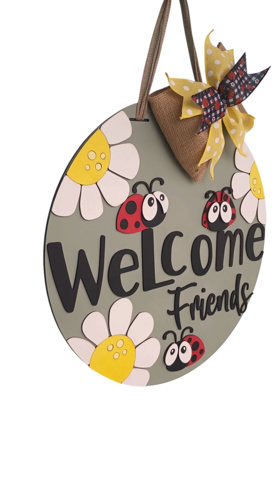 Ladybug Sign – Welcome Friends Door Hanger with Bow