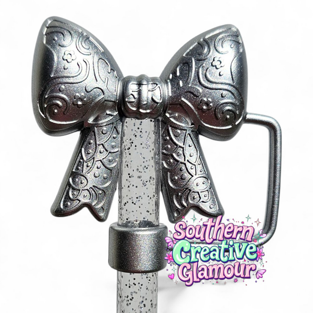 Paisley Princess 3D Bow Silicone 10mm Straw Topper | Silver Shimmer