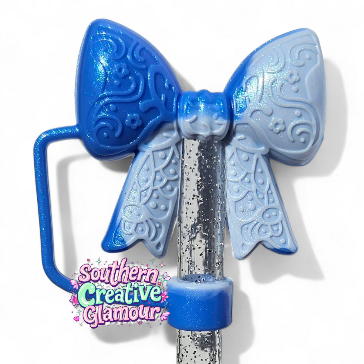 Paisley Princess Bow BOW Silicone Straw Topper | Blue Swirl Shimmer