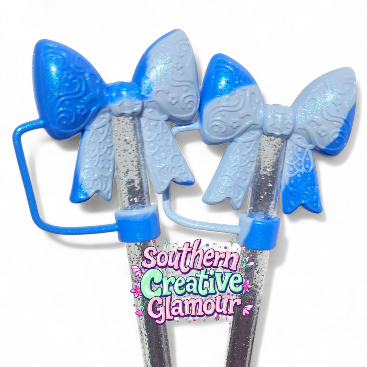 Paisley Princess Bow BOW Silicone Straw Topper | Blue Swirl Shimmer