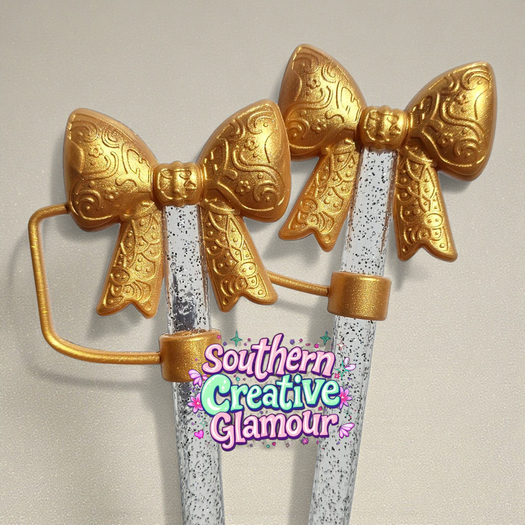 Paisley Princess 3D Bow Silicone Straw Topper | Gold Shimmer