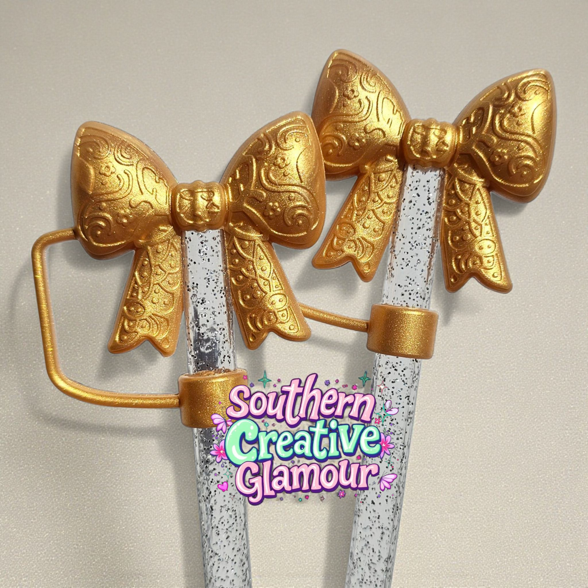 Paisley Princess 3D Bow Silicone Straw Topper | Gold Shimmer