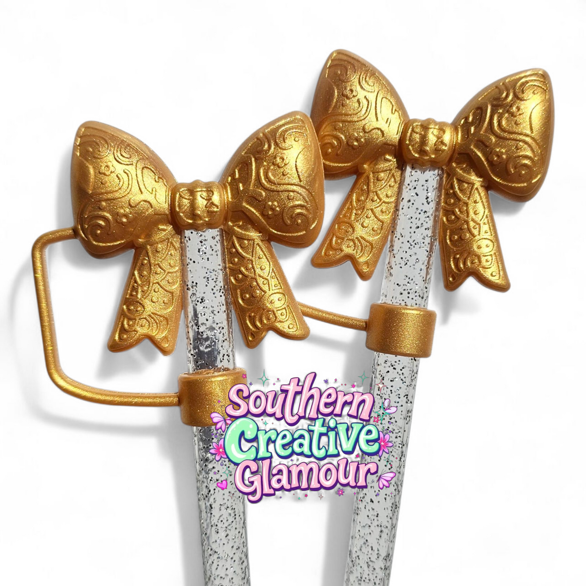 Paisley Princess 3D Bow Silicone Straw Topper | Gold Shimmer