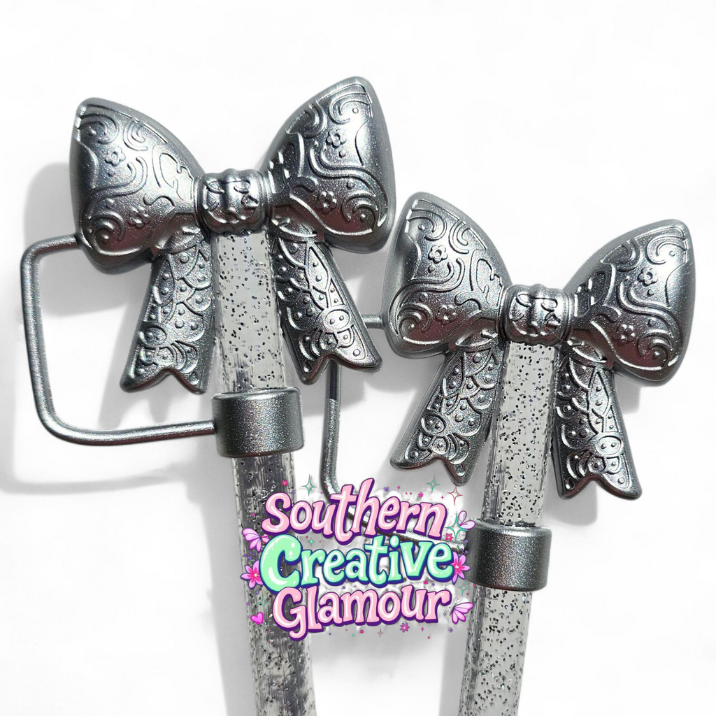 Paisley Princess 3D Bow Silicone 10mm Straw Topper | Silver Shimmer