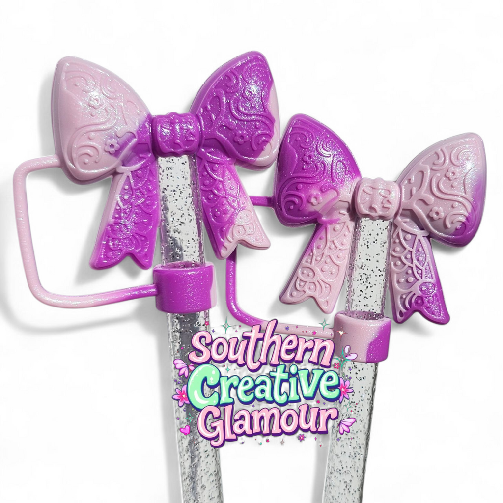Purple Paisley Princess 3D Bow Silicone 10mm Straw Topper | Purple Shimmer