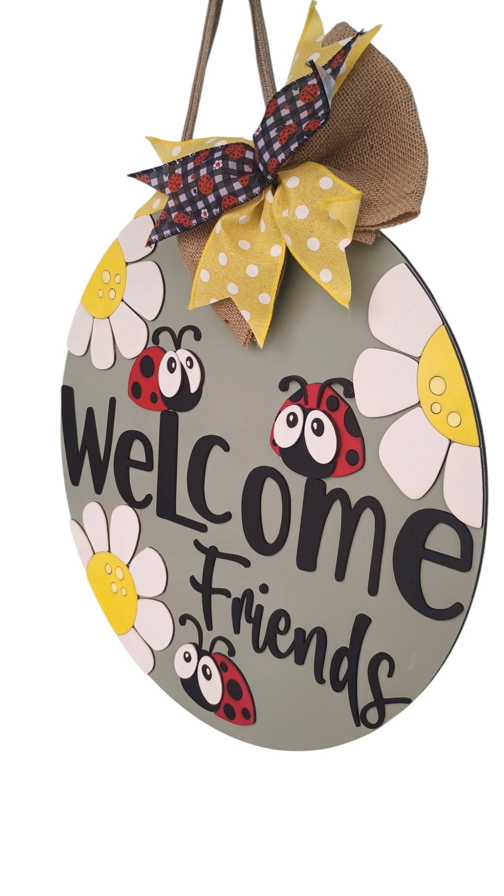 Ladybug Sign – Welcome Friends Door Hanger with Bow